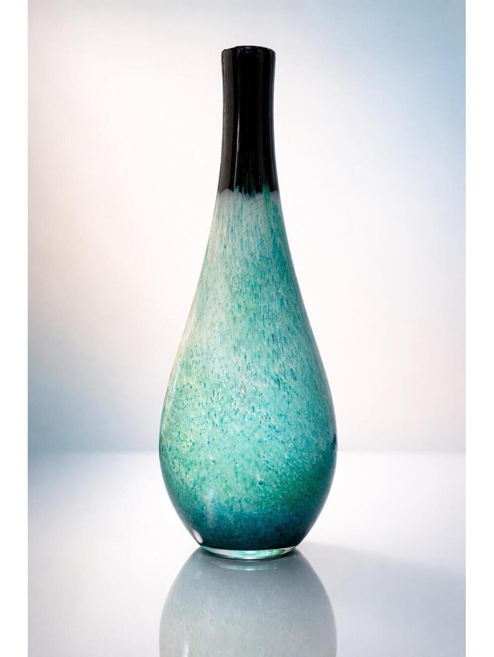 Dynasty Gallery 2000s Teal Black Ombre Hand Blown Art Glass Teardrop Vase, 21.5”